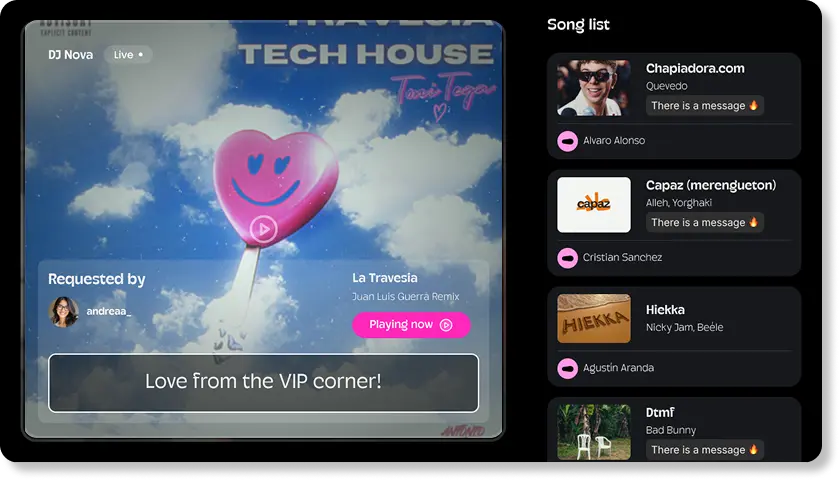 Pantalla con QR, cola en vivo y mensajes moderados